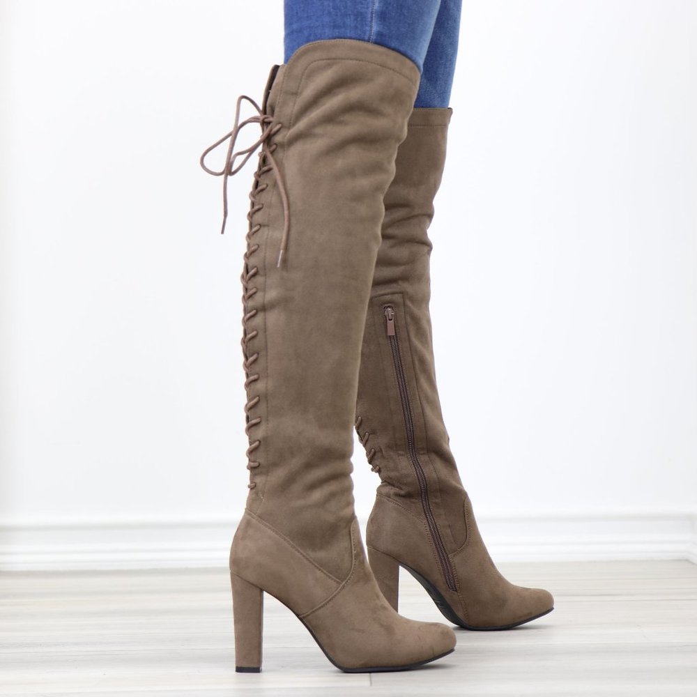 Taupe Suede Thigh High Over The Knee Block High Heel Boots With Lace Up Back - Picture 4 of 14